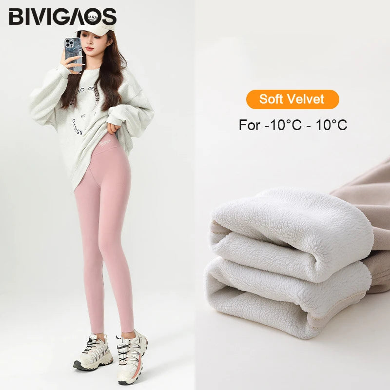 BIVIGAOS New Winter Warm Lambs Velvet Leggings Women High Waist Cotton Padded Pants Seamless Fleece Thickened Thermal Leggings