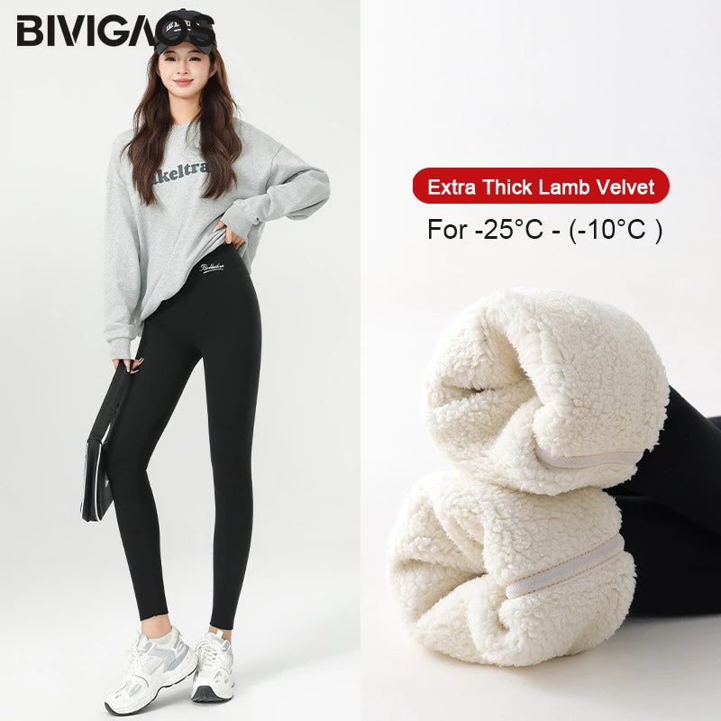 BIVIGAOS New Winter Warm Lambs Velvet Leggings Women High Waist Cotton Padded Pants Seamless Fleece Thickened Thermal Leggings