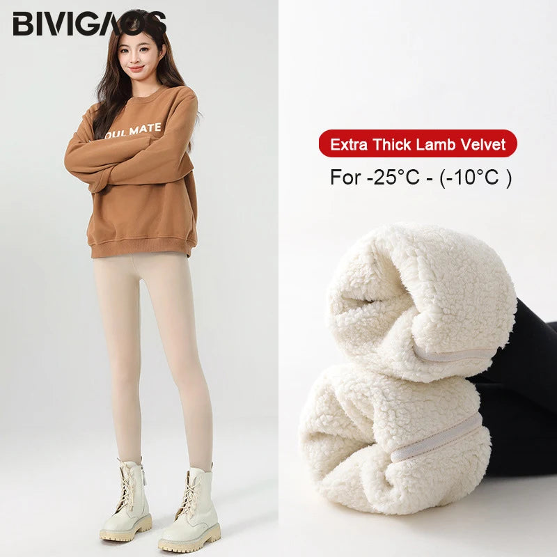 BIVIGAOS New Winter Warm Lambs Velvet Leggings Women High Waist Cotton Padded Pants Seamless Fleece Thickened Thermal Leggings
