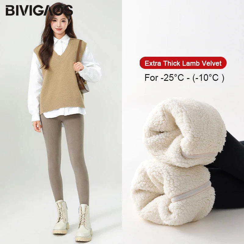BIVIGAOS New Winter Warm Lambs Velvet Leggings Women High Waist Cotton Padded Pants Seamless Fleece Thickened Thermal Leggings