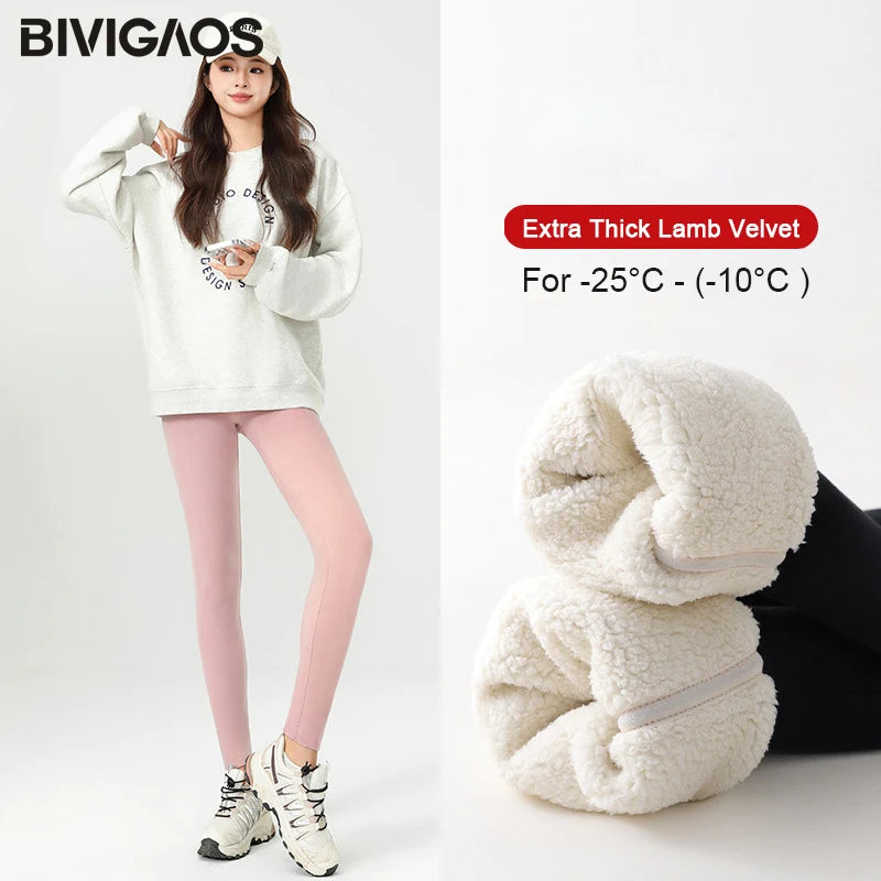 BIVIGAOS New Winter Warm Lambs Velvet Leggings Women High Waist Cotton Padded Pants Seamless Fleece Thickened Thermal Leggings