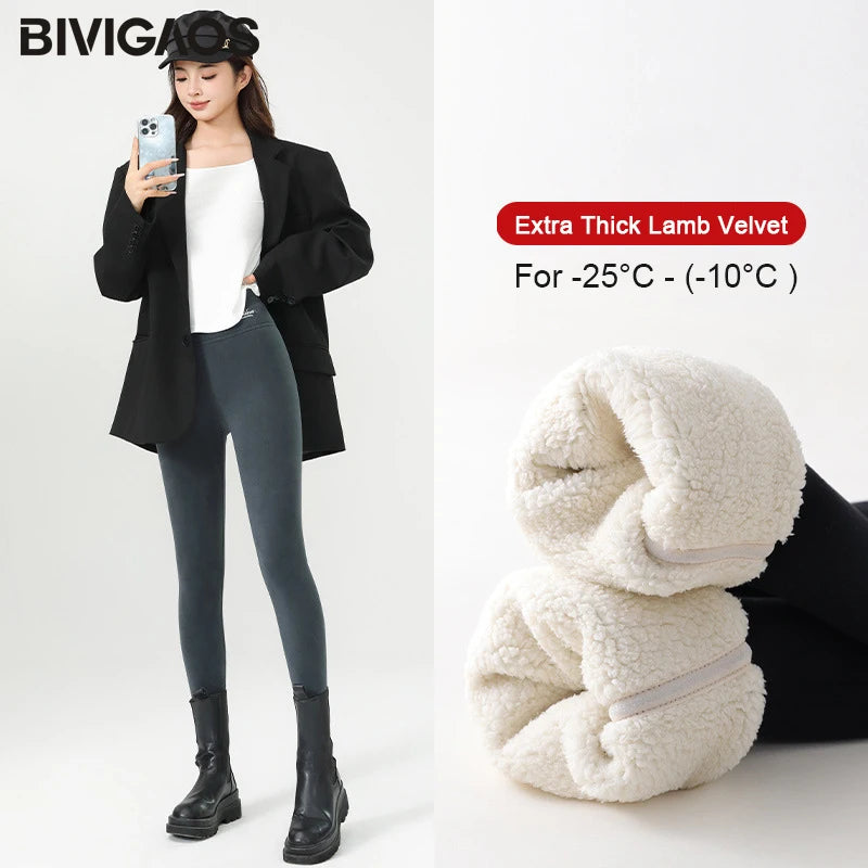 BIVIGAOS New Winter Warm Lambs Velvet Leggings Women High Waist Cotton Padded Pants Seamless Fleece Thickened Thermal Leggings